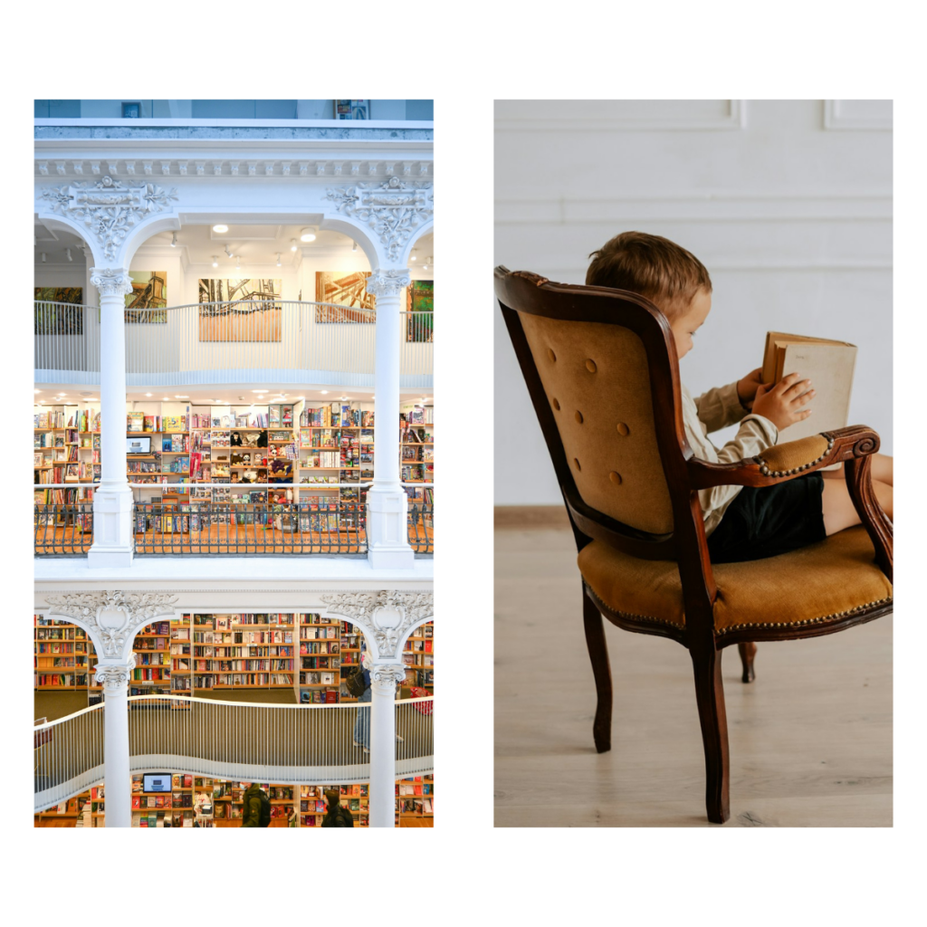 Innenansicht einer mehrstöckigen Buchhandlung mit vielen Regalen, Kind sitzt in einem Sessel und liest ein Buch