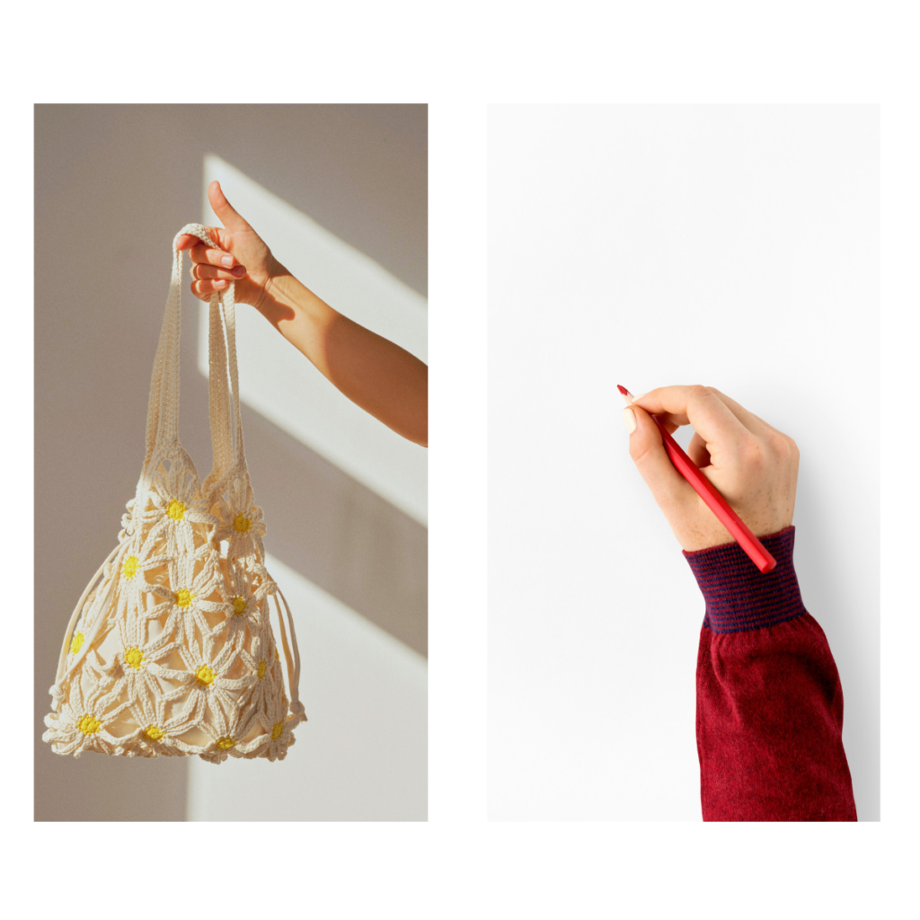 Hand hält eine handgeknüpfte Makramee-Tasche aus Baumwolle, Hand hält einen roten Stift vor weißem Hintergrund