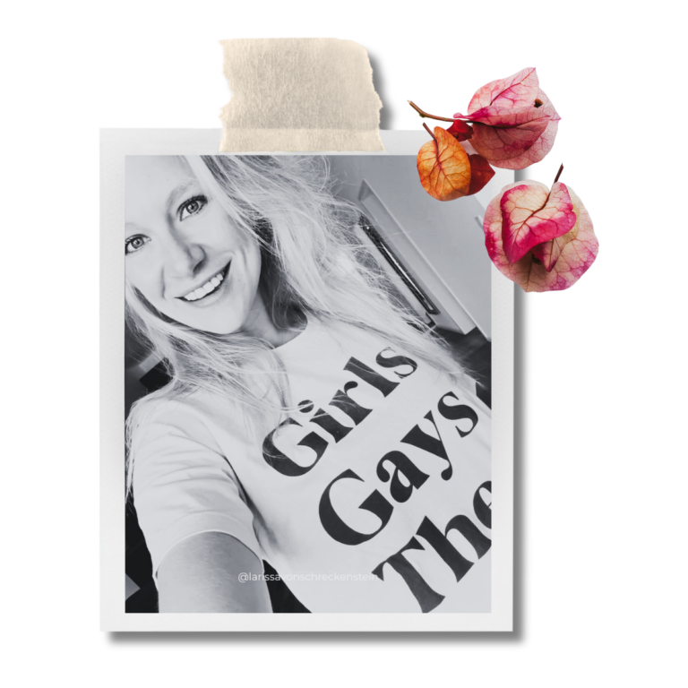 Porträt von Larissa von Schreckenstein mit dem Schriftzug „Girls Gays Theys"