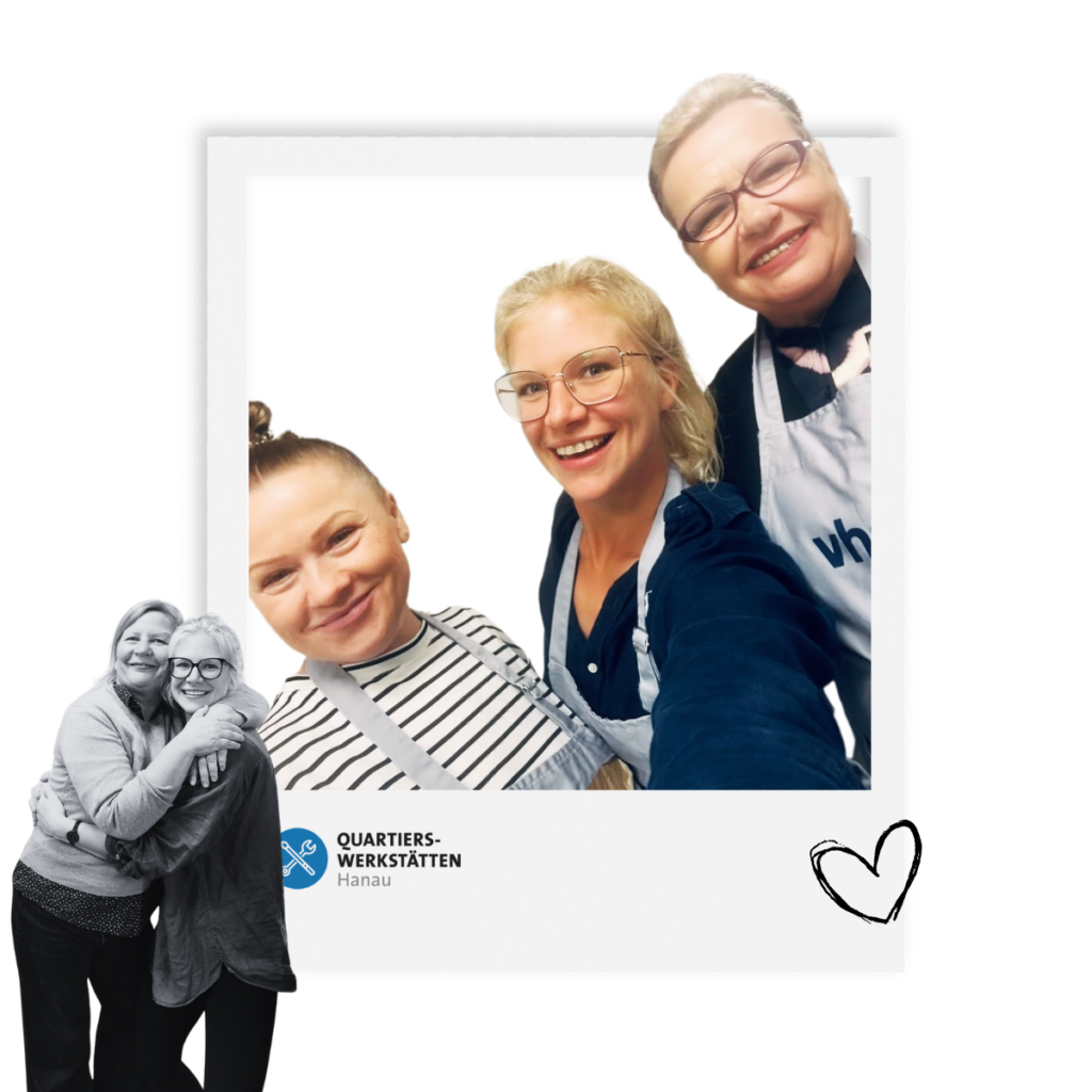 Fotocollage mit Teilnehmerinnen und einer Dozentin des Projekts „Mittagstisch“ der Quartierswerkstätten Hanau.