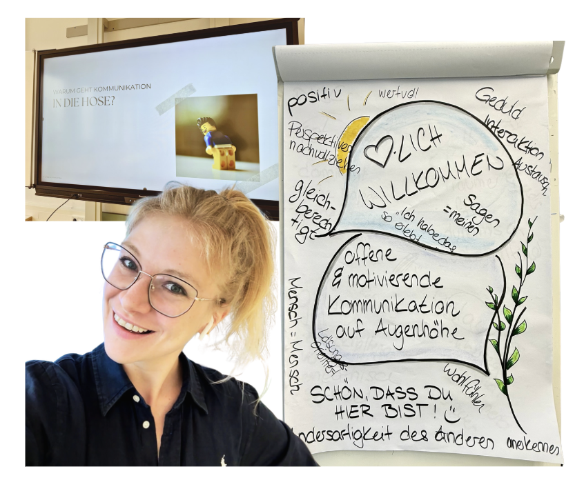 Larissa von Schreckenstein vor Flipchart mit Begrüßung zum Seminar Wertschätzende Kommunikation