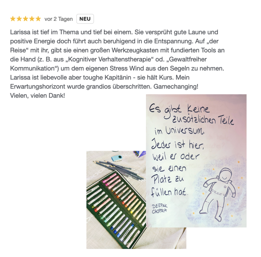 Teilnehmerfeedback und Seminarimpressionen mit Flipchart-Zitat und Stiften aus einem Workshop von Larissa von Schreckenstein