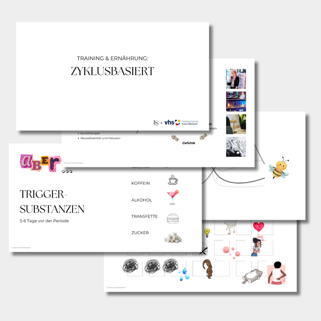 Collage von Präsentationsfolien zu zyklusbasierter Ernährung und Training in einem Vortrag für Frauen